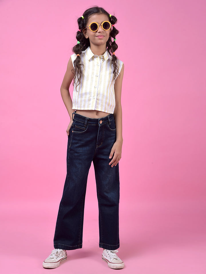 Navy Blue Fashionable Wide-Leg Denim Jeans-Girls Jeans-Crimsoune Club