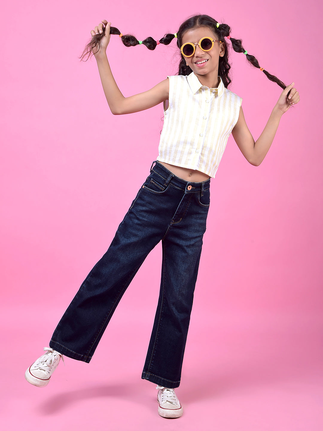 Navy Blue Fashionable Wide-Leg Denim Jeans-Girls Jeans-Crimsoune Club