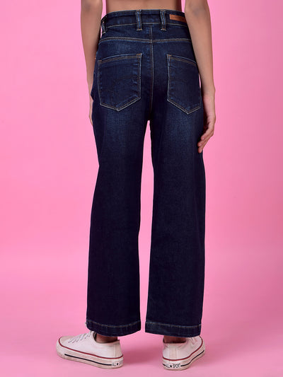 Navy Blue Fashionable Wide-Leg Denim Jeans-Girls Jeans-Crimsoune Club