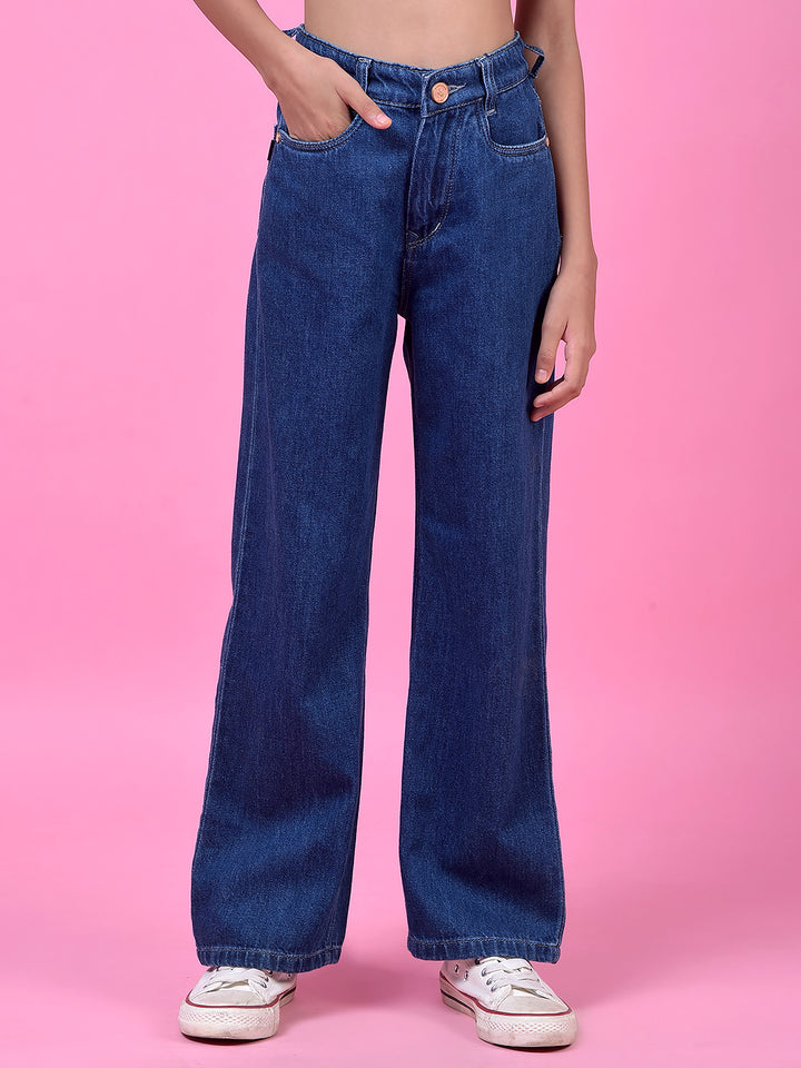 Breezy Blue Wide-Leg Cotton Jeans-Girls Jeans-Crimsoune Club