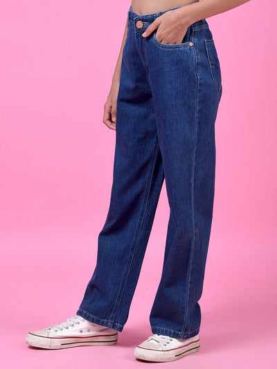 Breezy Blue Wide-Leg Cotton Jeans-Girls Jeans-Crimsoune Club