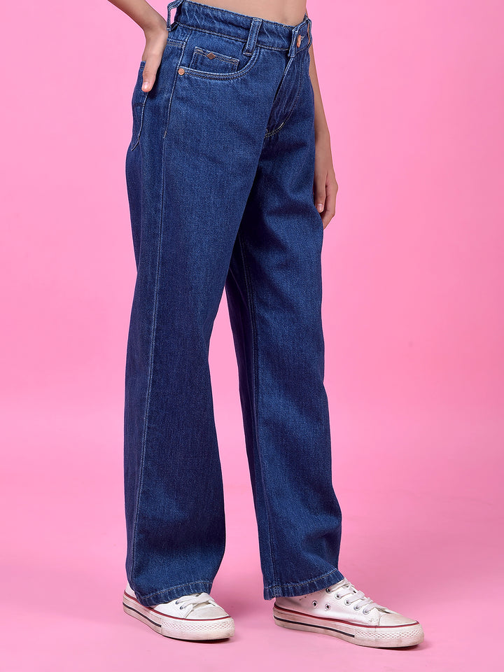 Breezy Blue Wide-Leg Cotton Jeans-Girls Jeans-Crimsoune Club