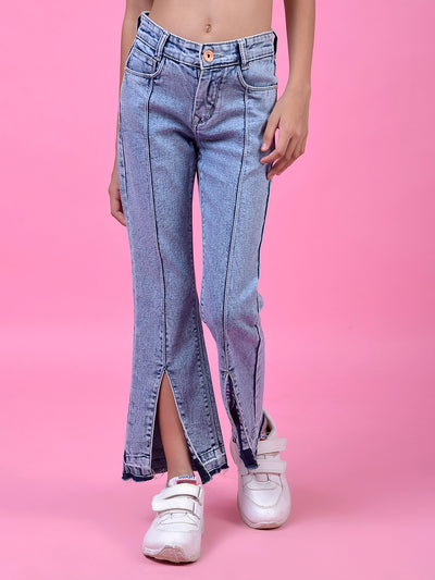 Stylish Blue Front-Slit Bootcut Jeans-Girls Jeans-Crimsoune Club
