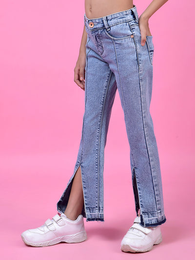 Stylish Blue Front-Slit Bootcut Jeans-Girls Jeans-Crimsoune Club