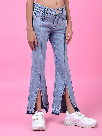Stylish Blue Front-Slit Bootcut Jeans-Girls Jeans-Crimsoune Club