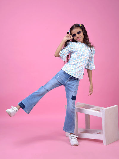Blue Classic Bootcut Denim Jeans-Girls Jeans-Crimsoune Club