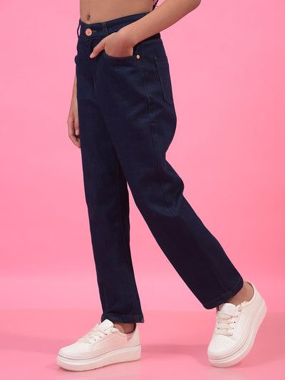 Girl's Navy Blue Straight Jeans-Girls Jeans-Crimsoune Club