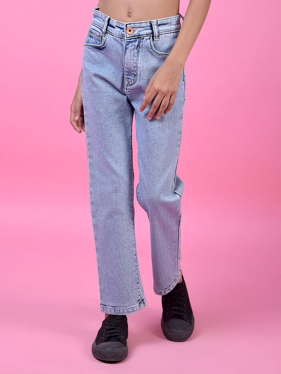Blue Straight Leg Denim Jeans-Girls Jeans-Crimsoune Club