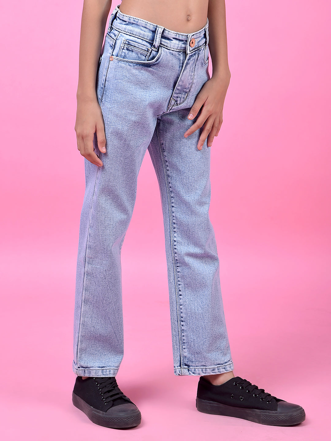 Blue Straight Leg Denim Jeans-Girls Jeans-Crimsoune Club