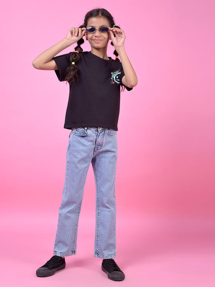 Blue Straight Leg Denim Jeans-Girls Jeans-Crimsoune Club