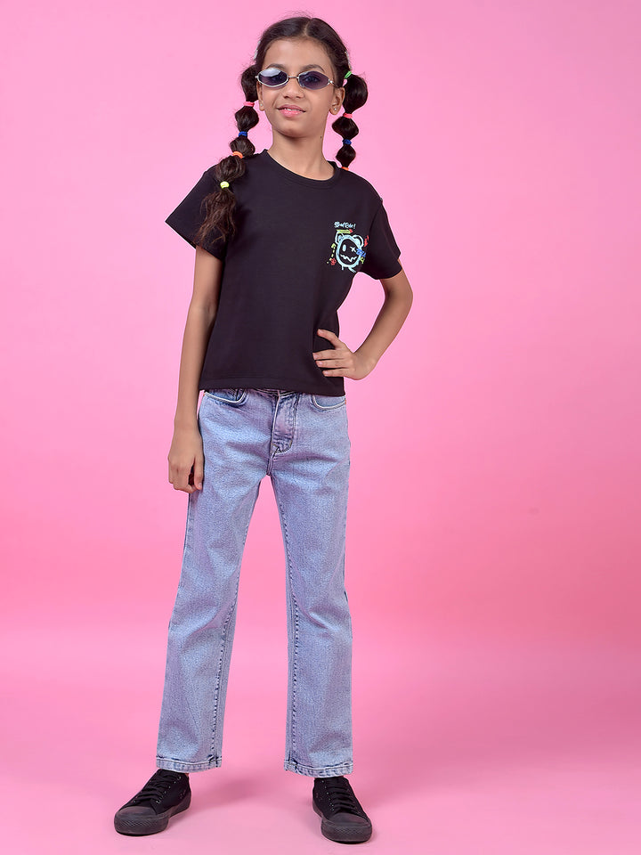Blue Straight Leg Denim Jeans-Girls Jeans-Crimsoune Club