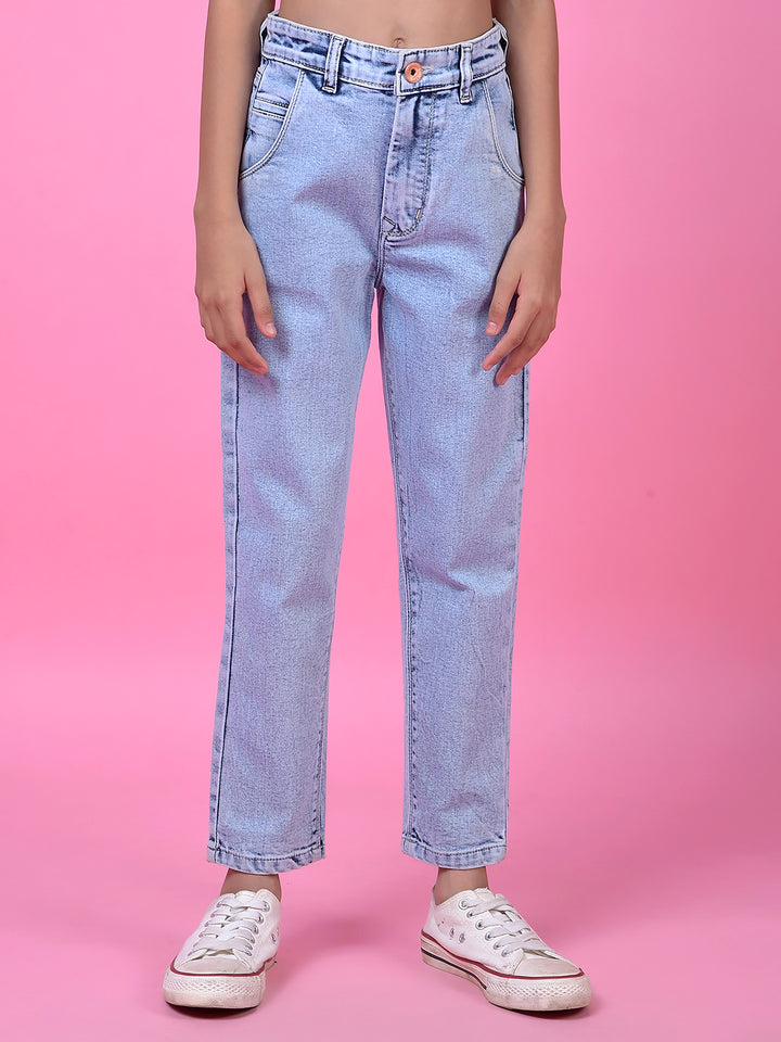Blue Relaxed Mom Fit Denim Jeans-Girls Jeans-Crimsoune Club