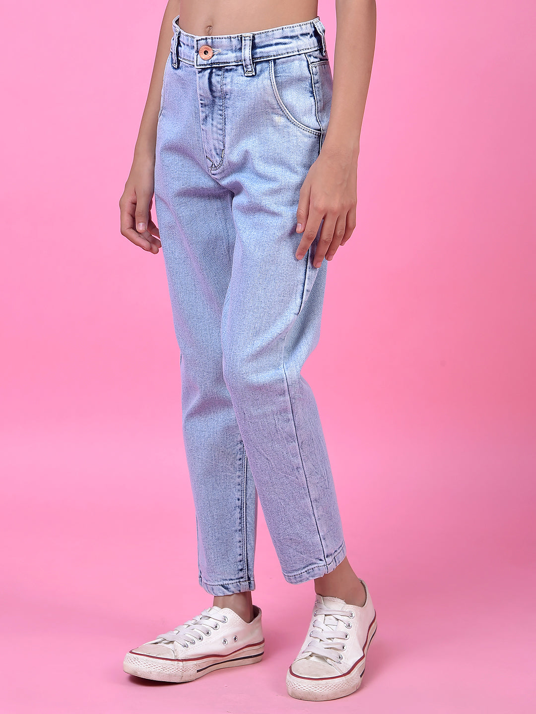 Blue Relaxed Mom Fit Denim Jeans-Girls Jeans-Crimsoune Club