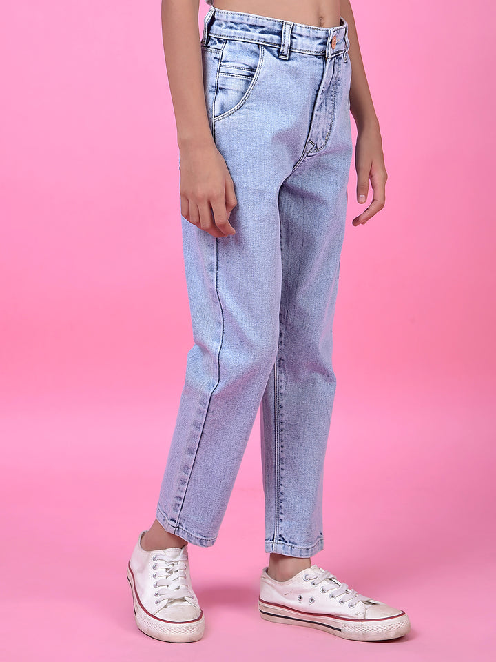 Blue Relaxed Mom Fit Denim Jeans-Girls Jeans-Crimsoune Club