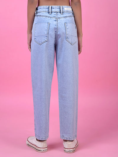 Blue Relaxed Mom Fit Denim Jeans-Girls Jeans-Crimsoune Club