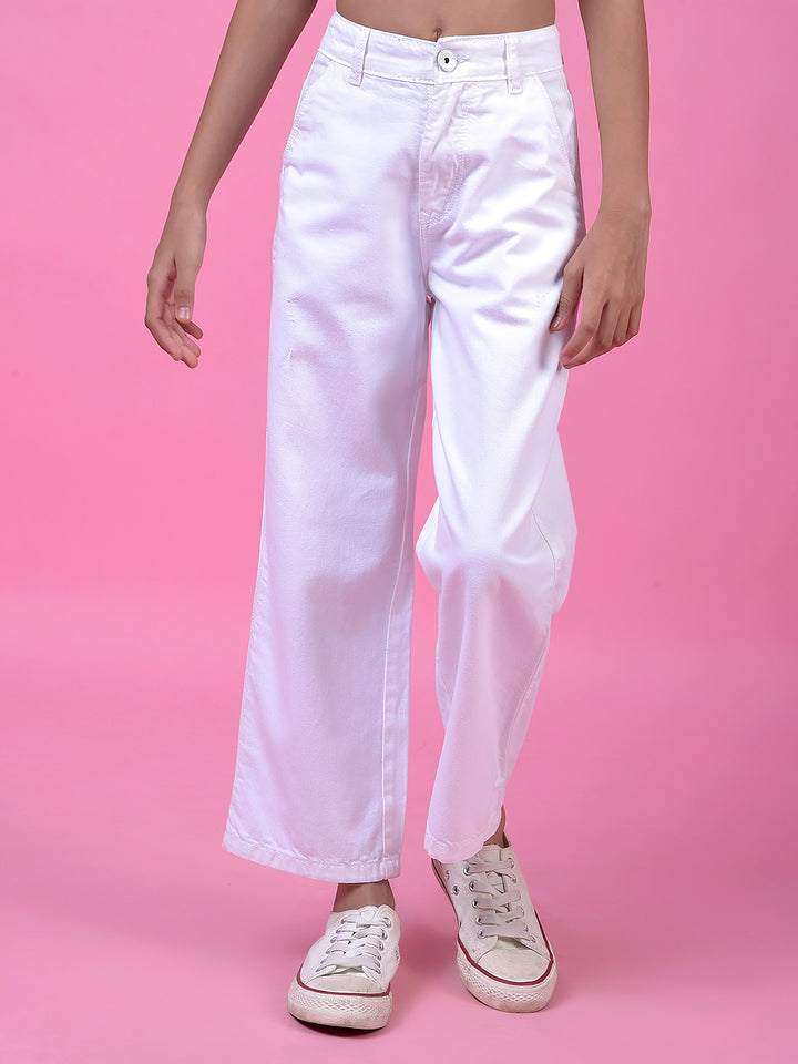 Crisp White Wide-Leg Cotton Jeans-Girls Jeans-Crimsoune Club