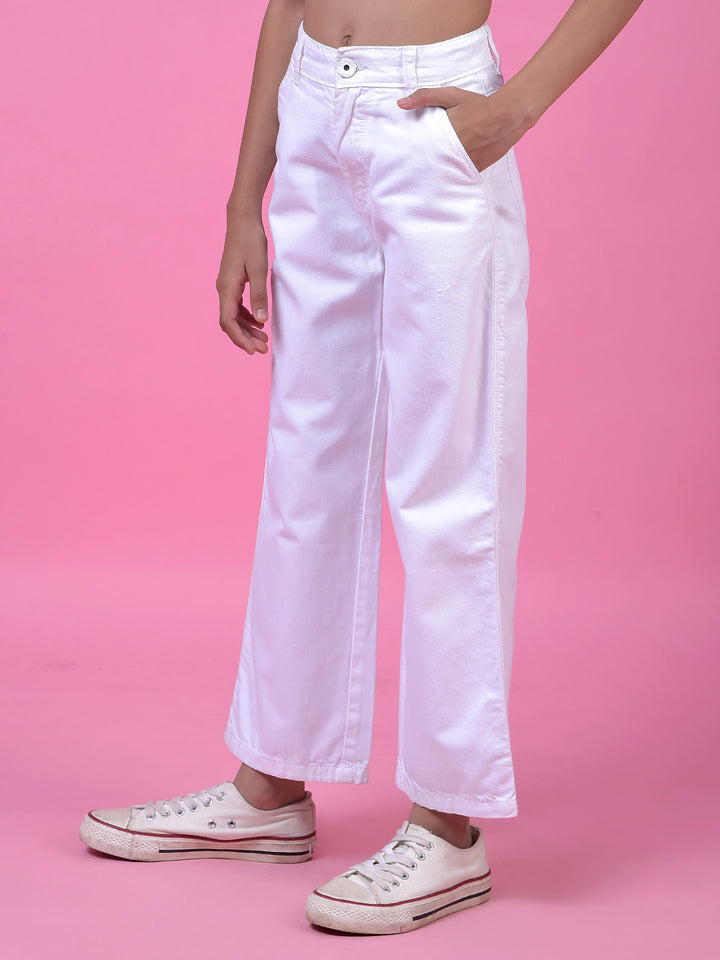Crisp White Wide-Leg Cotton Jeans-Girls Jeans-Crimsoune Club
