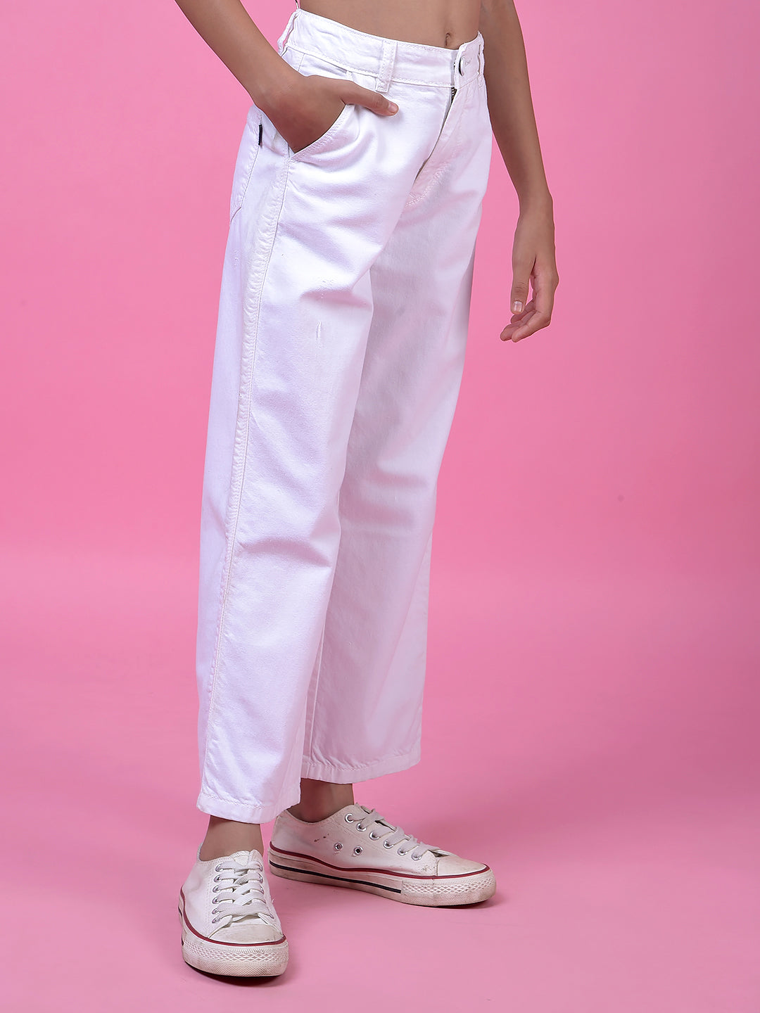 Crisp White Wide-Leg Cotton Jeans-Girls Jeans-Crimsoune Club