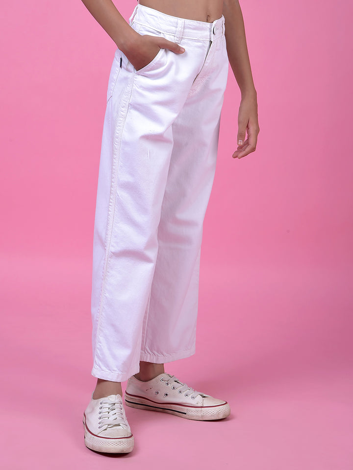 Crisp White Wide-Leg Cotton Jeans-Girls Jeans-Crimsoune Club