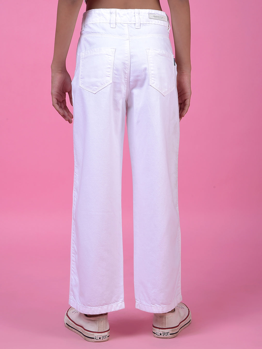 Crisp White Wide-Leg Cotton Jeans-Girls Jeans-Crimsoune Club