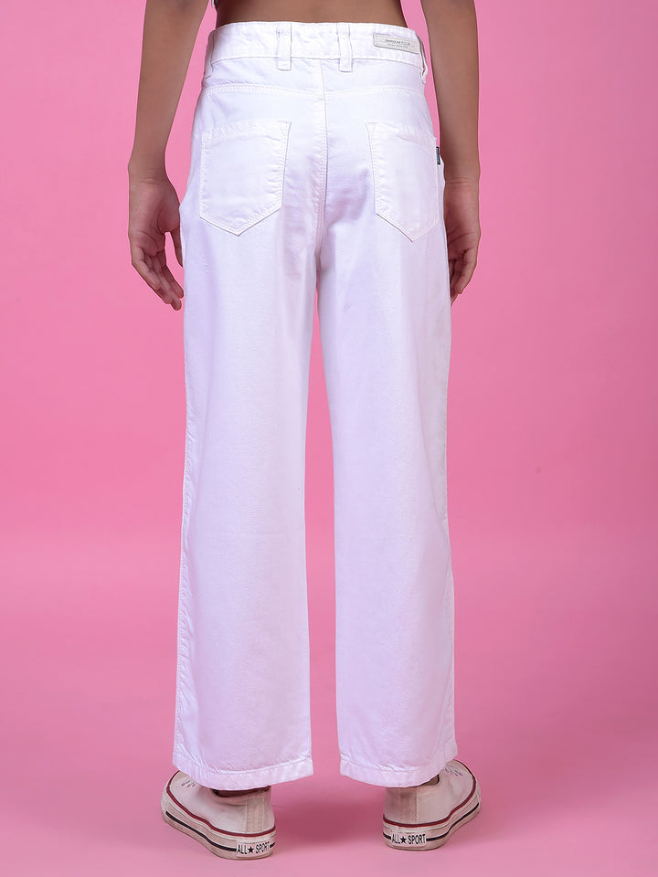 Crisp White Wide-Leg Cotton Jeans-Girls Jeans-Crimsoune Club