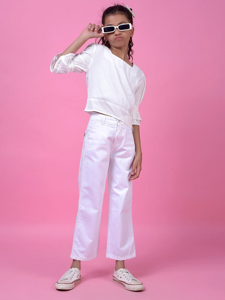 Crisp White Wide-Leg Cotton Jeans-Girls Jeans-Crimsoune Club