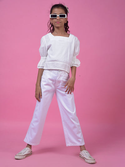 Crisp White Wide-Leg Cotton Jeans-Girls Jeans-Crimsoune Club