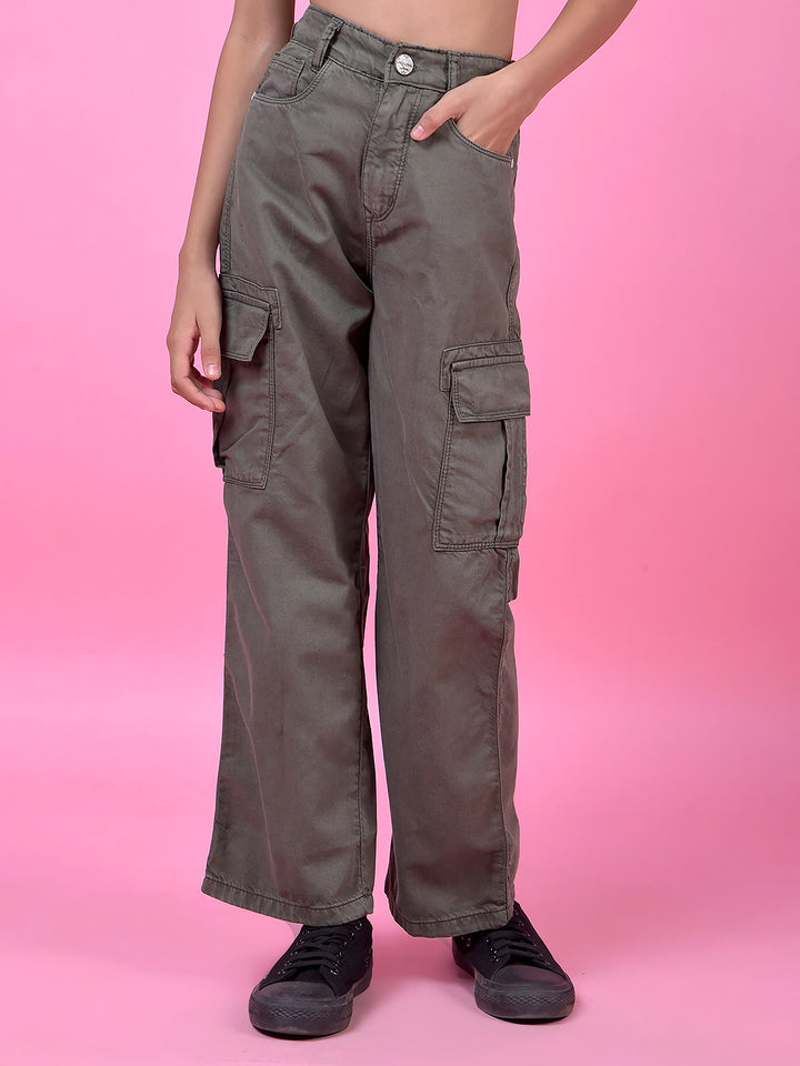 Outdoor Olive Cotton Baggy Cargo Jeans-Girls Jeans-Crimsoune Club