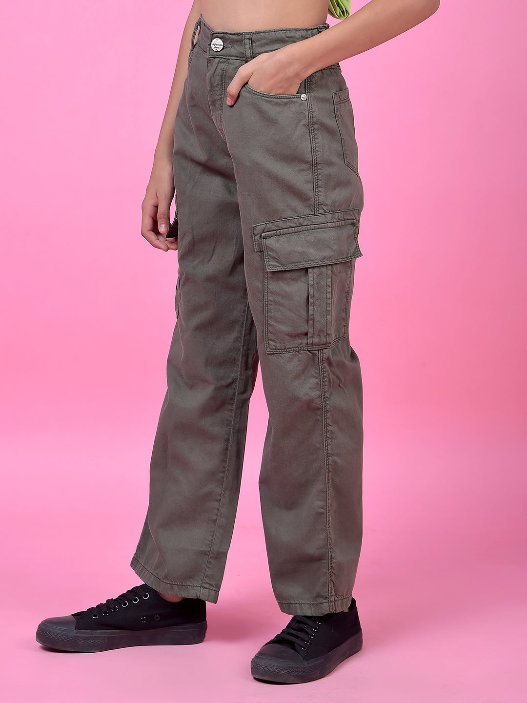 Outdoor Olive Cotton Baggy Cargo Jeans-Girls Jeans-Crimsoune Club