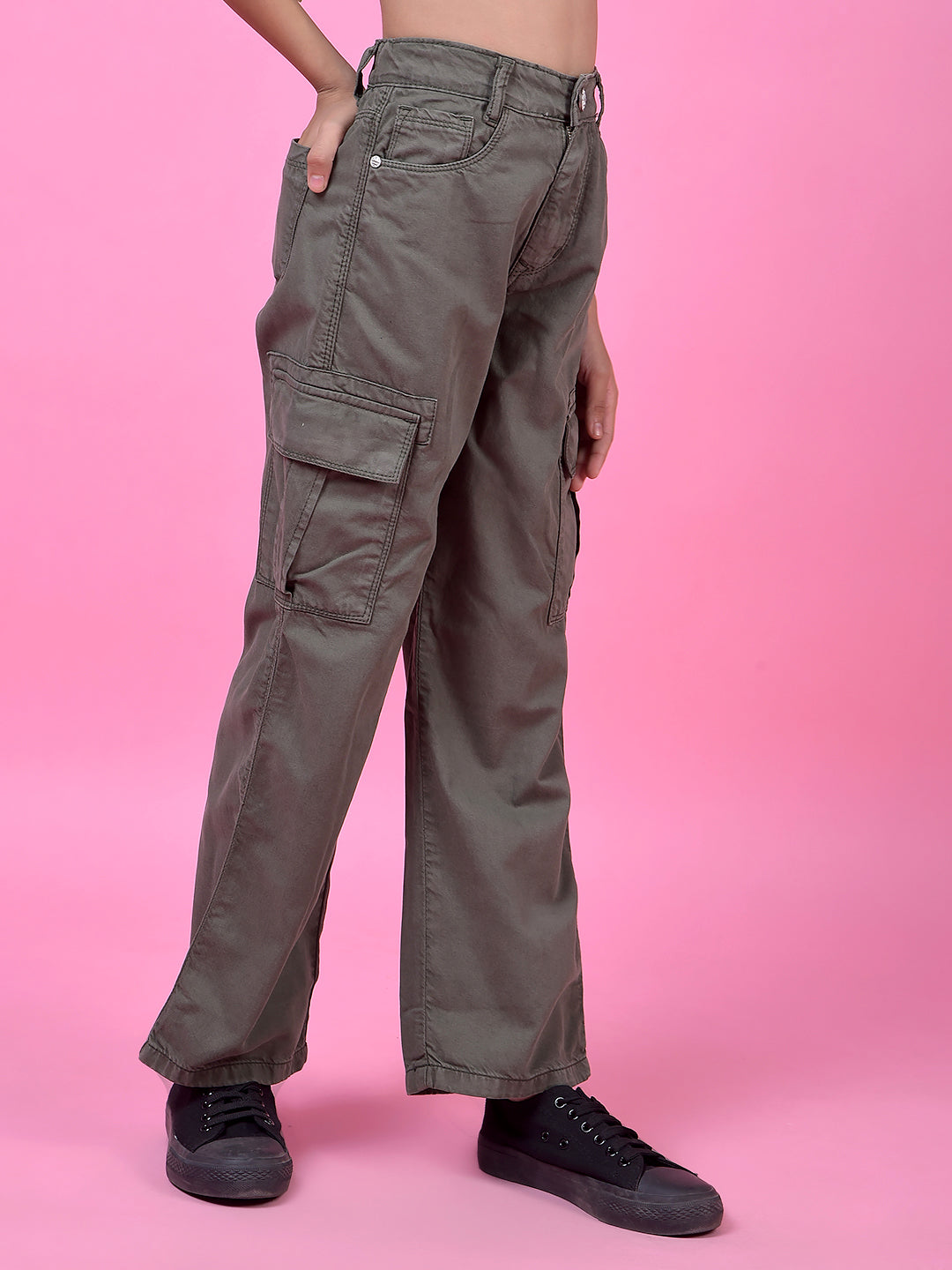 Outdoor Olive Cotton Baggy Cargo Jeans-Girls Jeans-Crimsoune Club