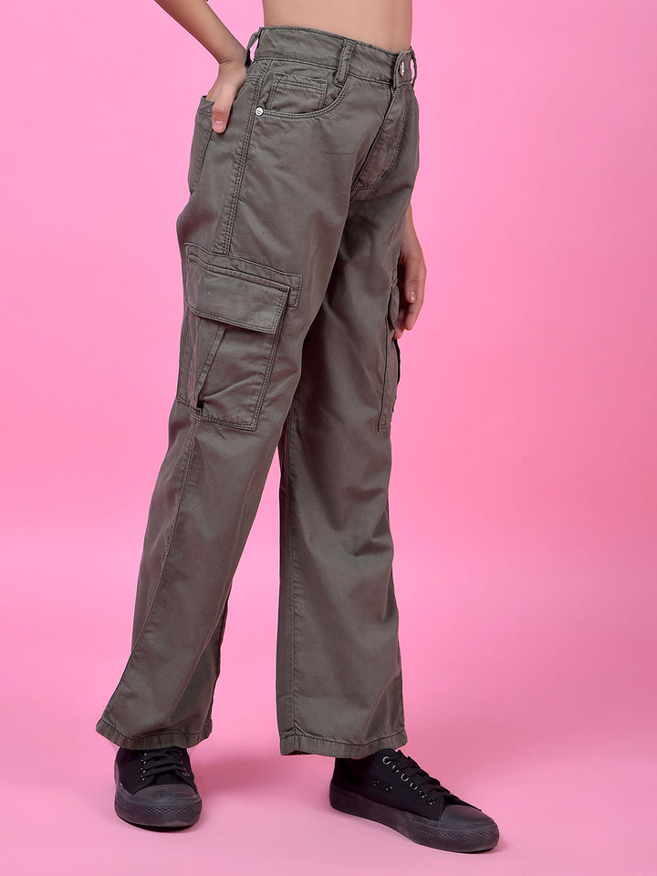 Outdoor Olive Cotton Baggy Cargo Jeans-Girls Jeans-Crimsoune Club