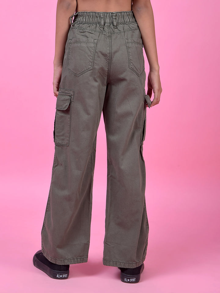 Outdoor Olive Cotton Baggy Cargo Jeans-Girls Jeans-Crimsoune Club