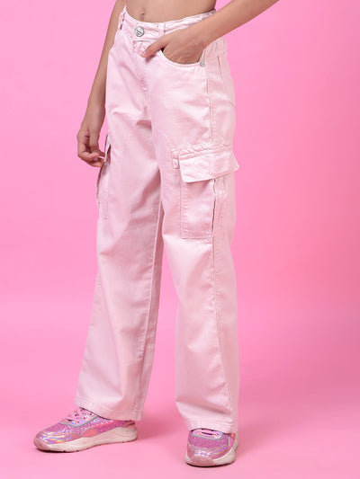 Vibrant Pink Cotton Baggy Cargo Jeans-Girls Jeans-Crimsoune Club
