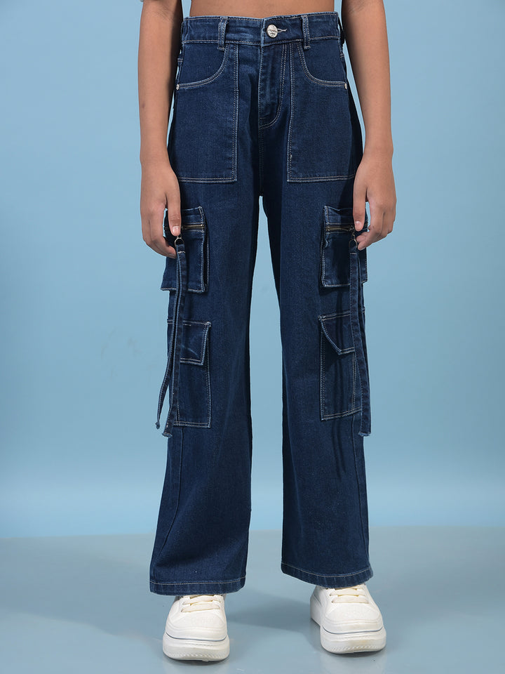 Girl's Blue Baggy Cargo Jeans-Girls Jeans-Crimsoune Club