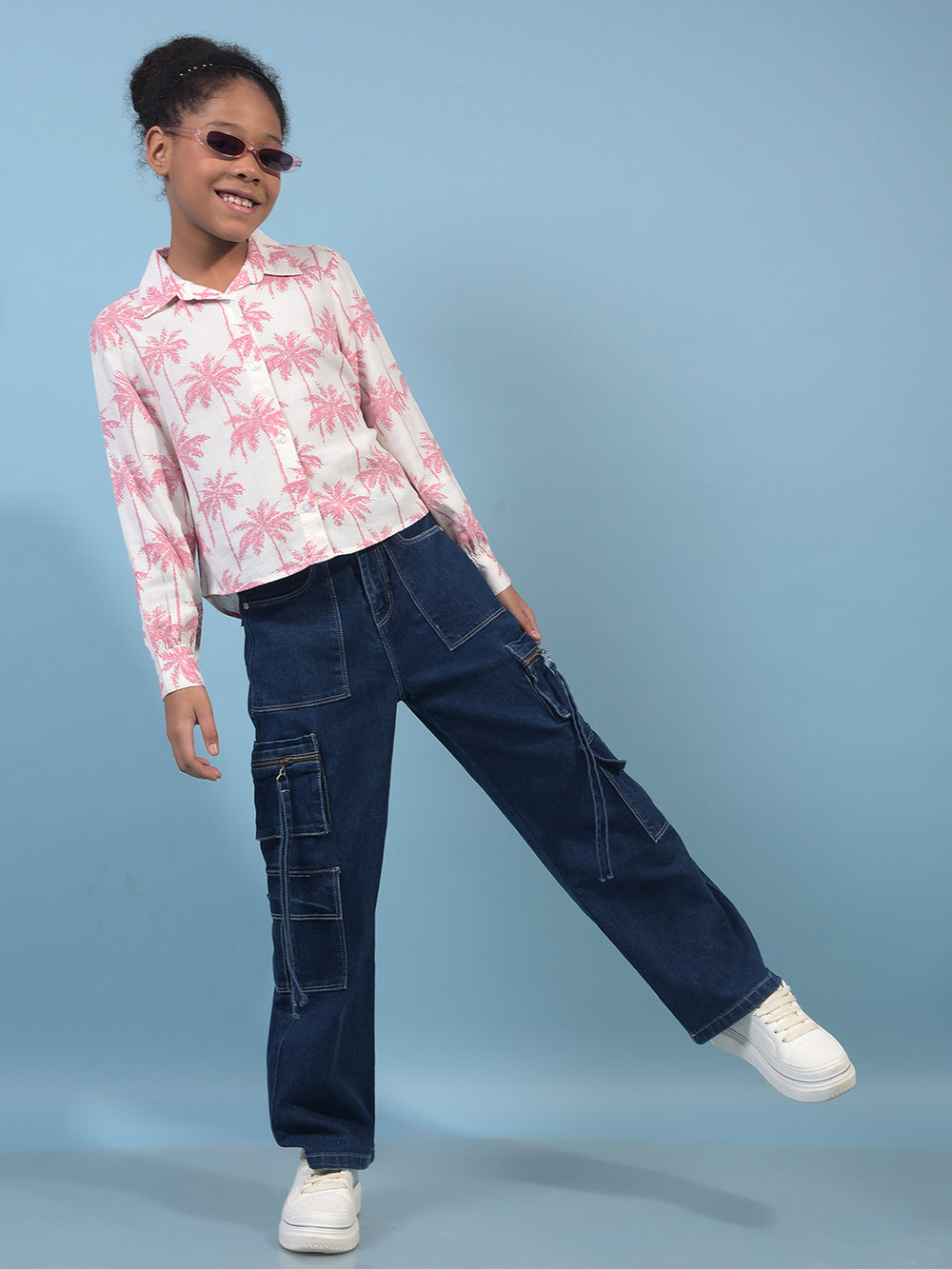 Girl's Blue Baggy Cargo Jeans-Girls Jeans-Crimsoune Club