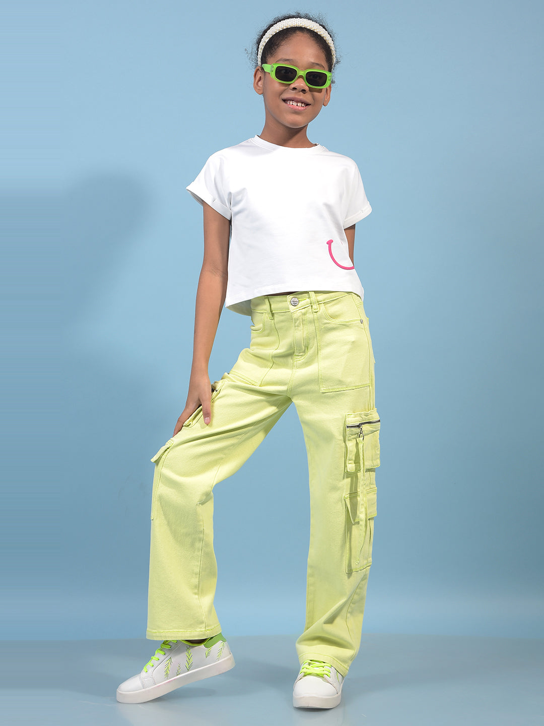 Girl's Green Baggy Cargo Jeans-Girls Jeans-Crimsoune Club