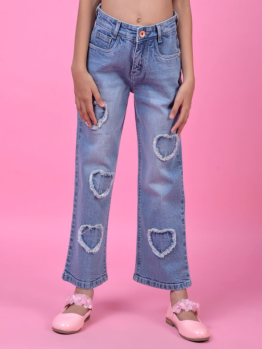 Blue Straight Leg Denim Jeans-Girls Jeans-Crimsoune Club