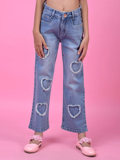 Blue Straight Leg Denim Jeans-Girls Jeans-Crimsoune Club