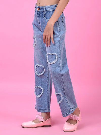 Blue Straight Leg Denim Jeans-Girls Jeans-Crimsoune Club