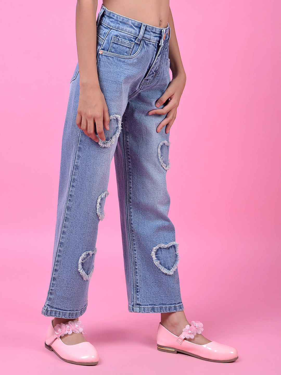 Blue Straight Leg Denim Jeans-Girls Jeans-Crimsoune Club