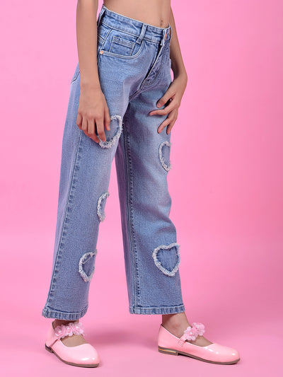 Blue Straight Leg Denim Jeans-Girls Jeans-Crimsoune Club