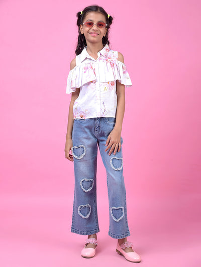 Blue Straight Leg Denim Jeans-Girls Jeans-Crimsoune Club