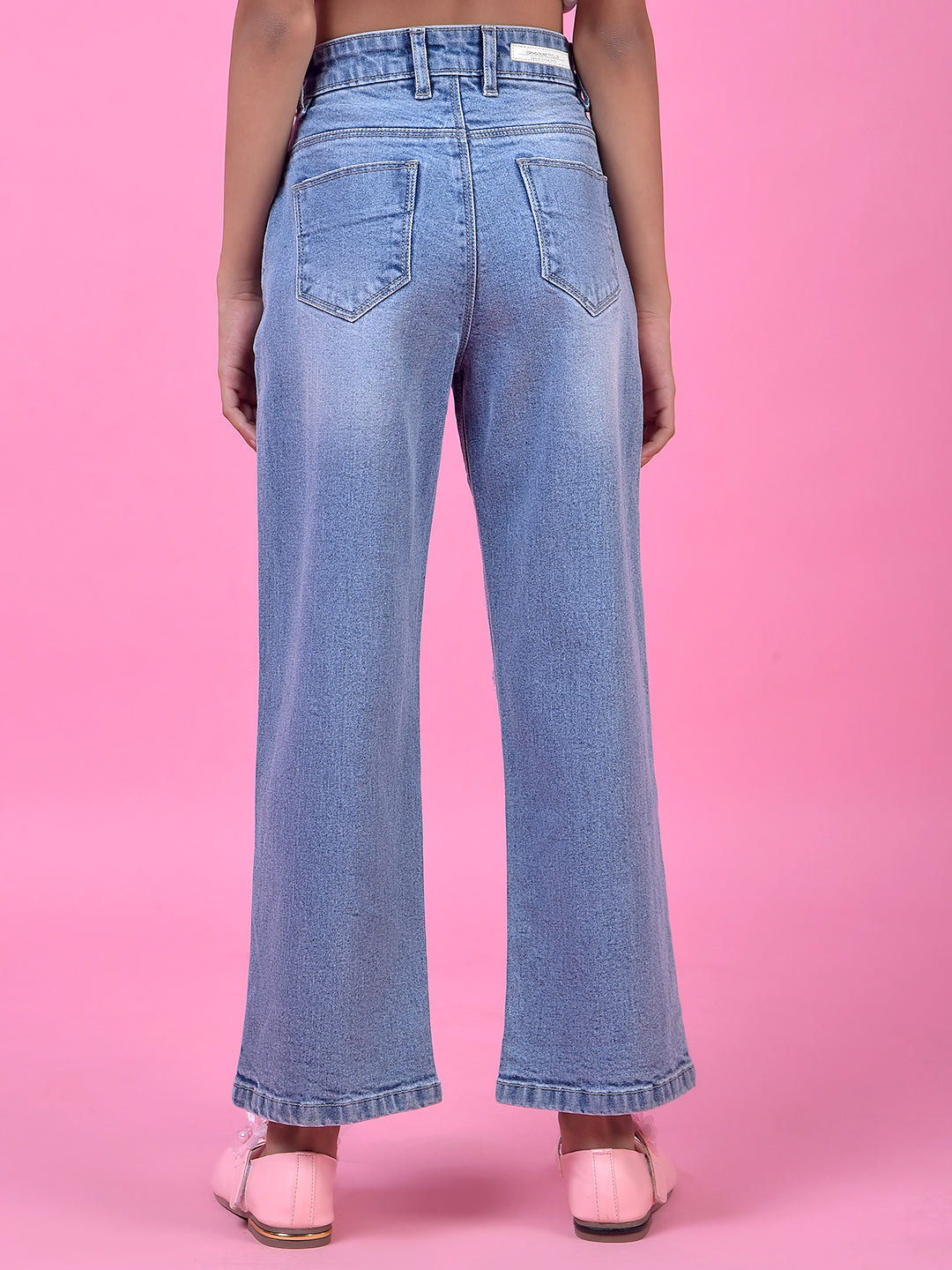 Blue Straight Leg Denim Jeans-Girls Jeans-Crimsoune Club