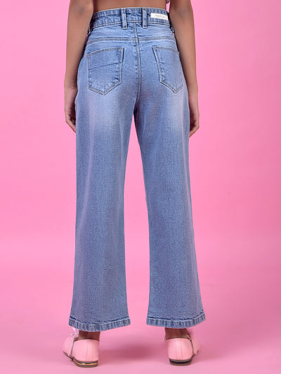 Blue Straight Leg Denim Jeans-Girls Jeans-Crimsoune Club