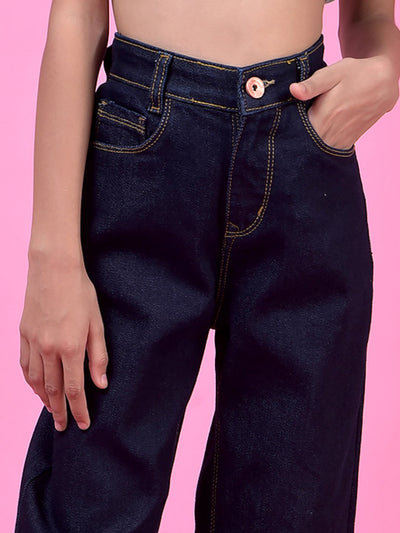 Navy Blue Relaxed Loose Fit Denim Jeans-Girls Jeans-Crimsoune Club