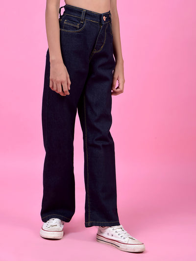 Navy Blue Relaxed Loose Fit Denim Jeans-Girls Jeans-Crimsoune Club