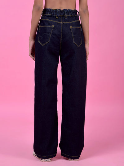 Navy Blue Relaxed Loose Fit Denim Jeans-Girls Jeans-Crimsoune Club