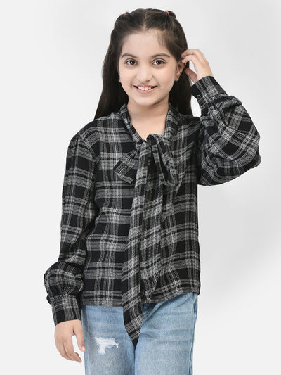 Black Checked Tie Up Neck Shirt-Girls Shirts-Crimsoune Club