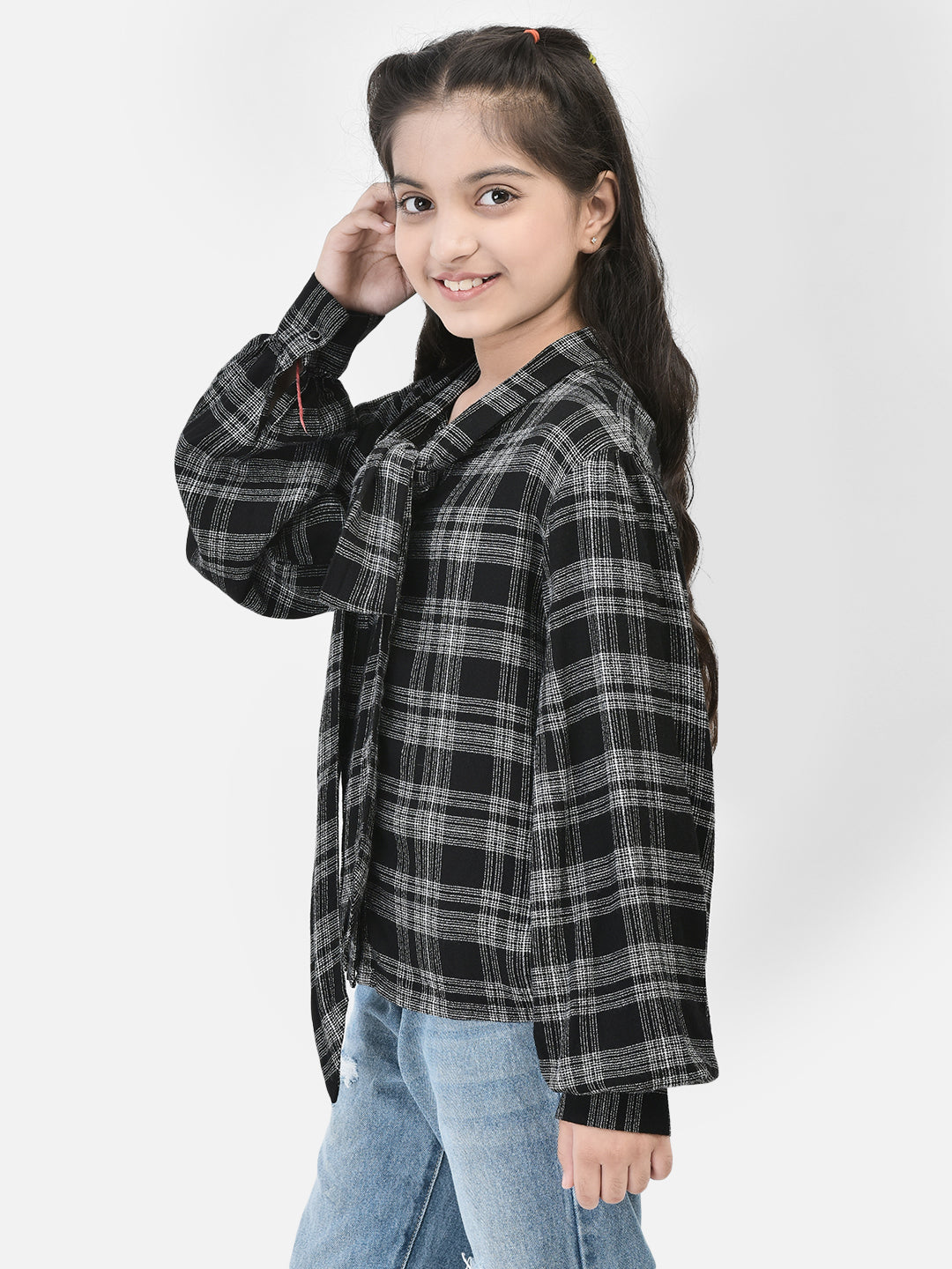 Black Checked Tie Up Neck Shirt-Girls Shirts-Crimsoune Club