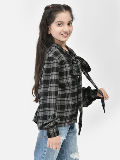 Black Checked Tie Up Neck Shirt-Girls Shirts-Crimsoune Club